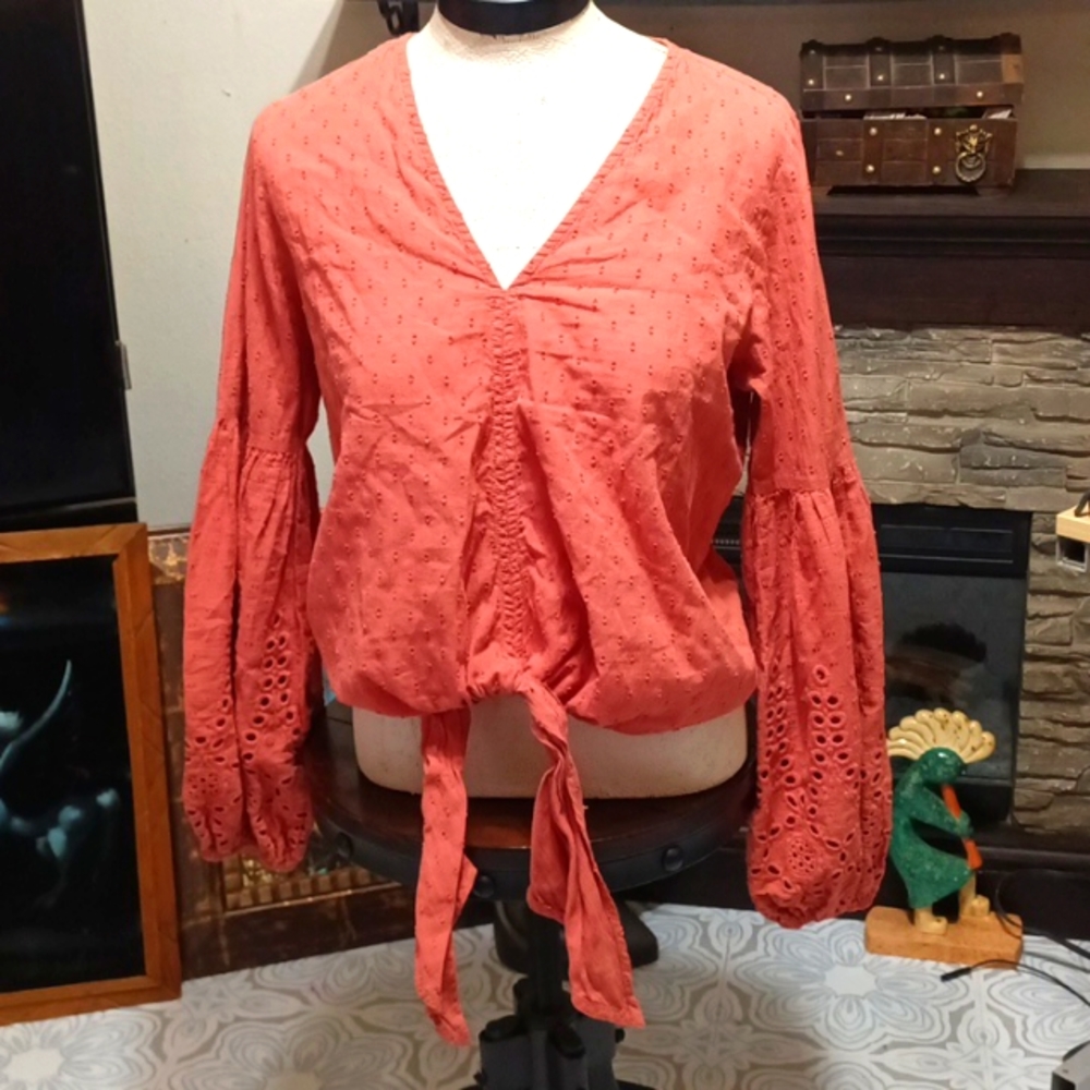 Womens Blouse Sz Med Rusty Orange Tie Front Crop Shirt